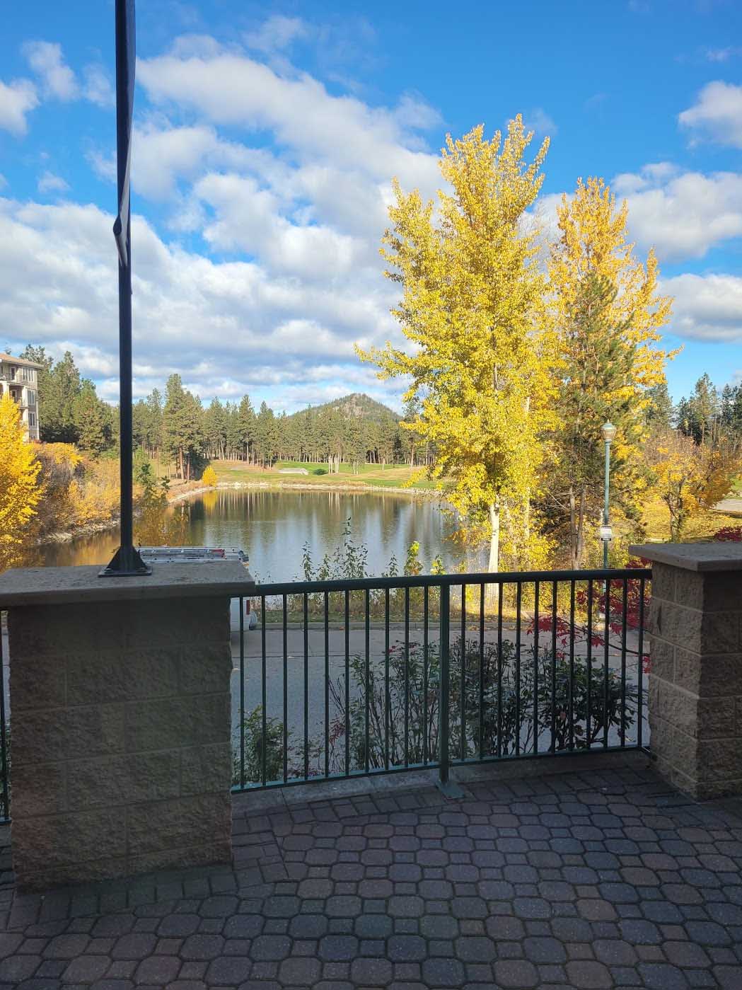 view of lake and golf course from coffee shop